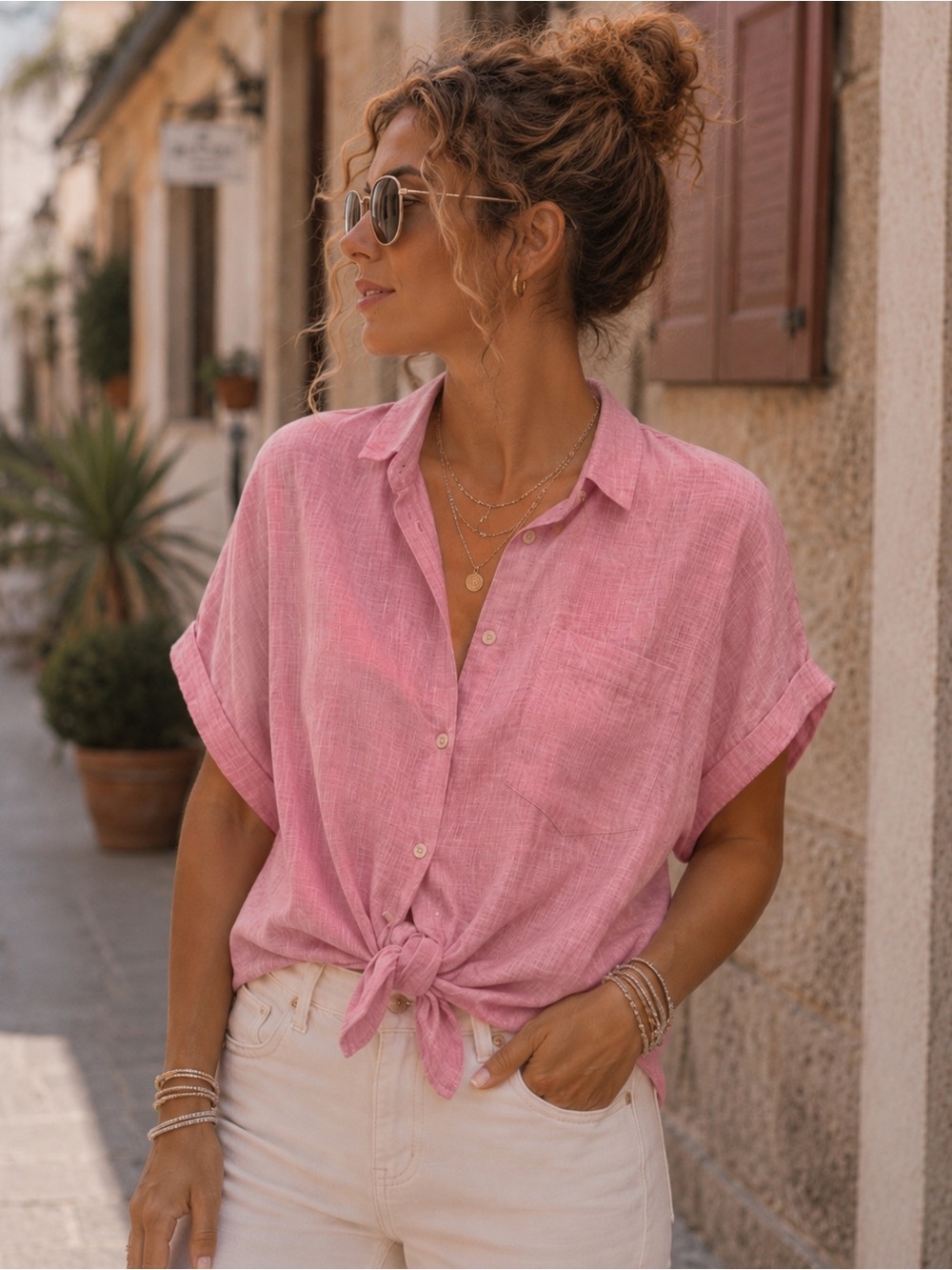 Madewell 100% Cotton Pink Tie Front Button-Up Shirt Large Short Sleeve Top